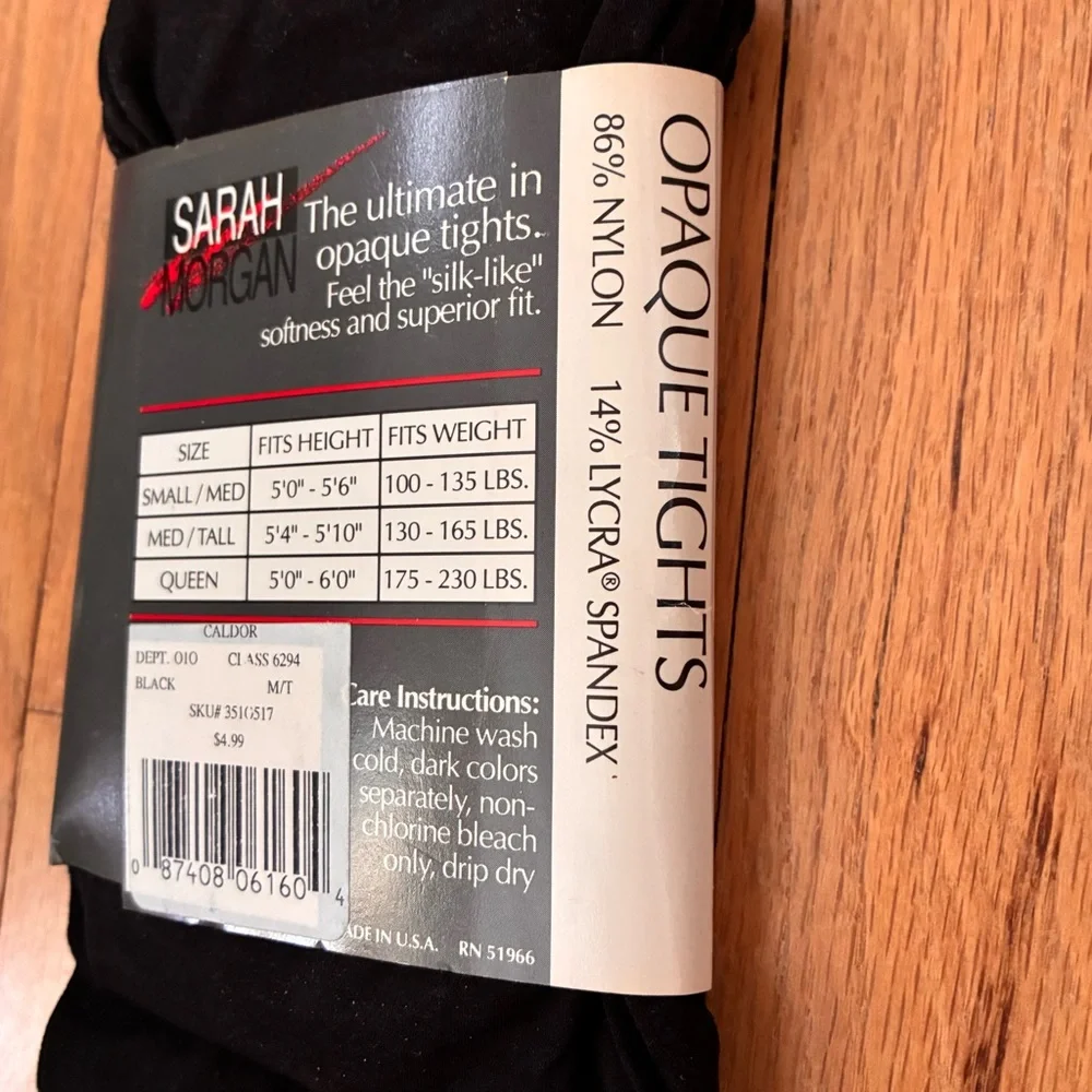 NWT Sarah Morgan Opaque Tights, Black, Med/Tall New Vintage (late 90’s)